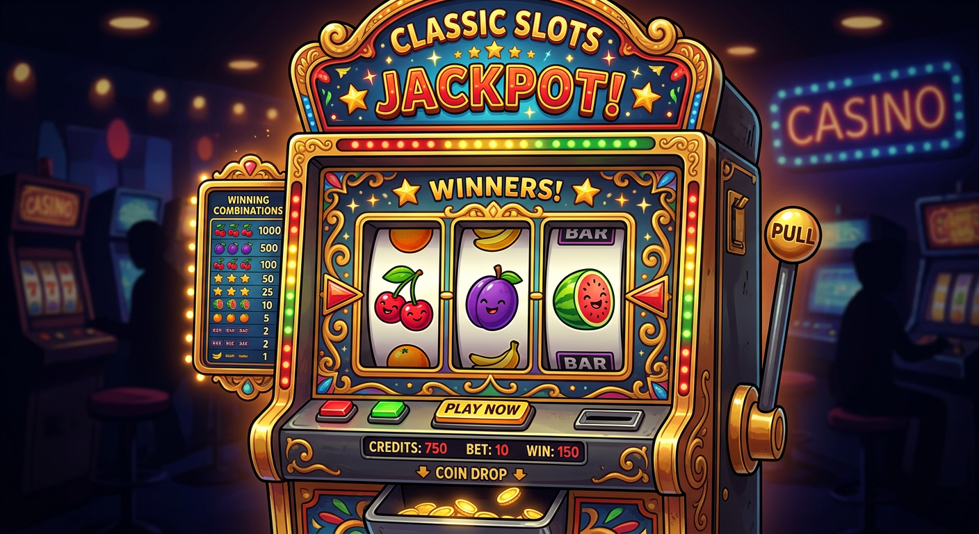 Colorful classic slot machine with three reels showing fruit symbols and gold trim